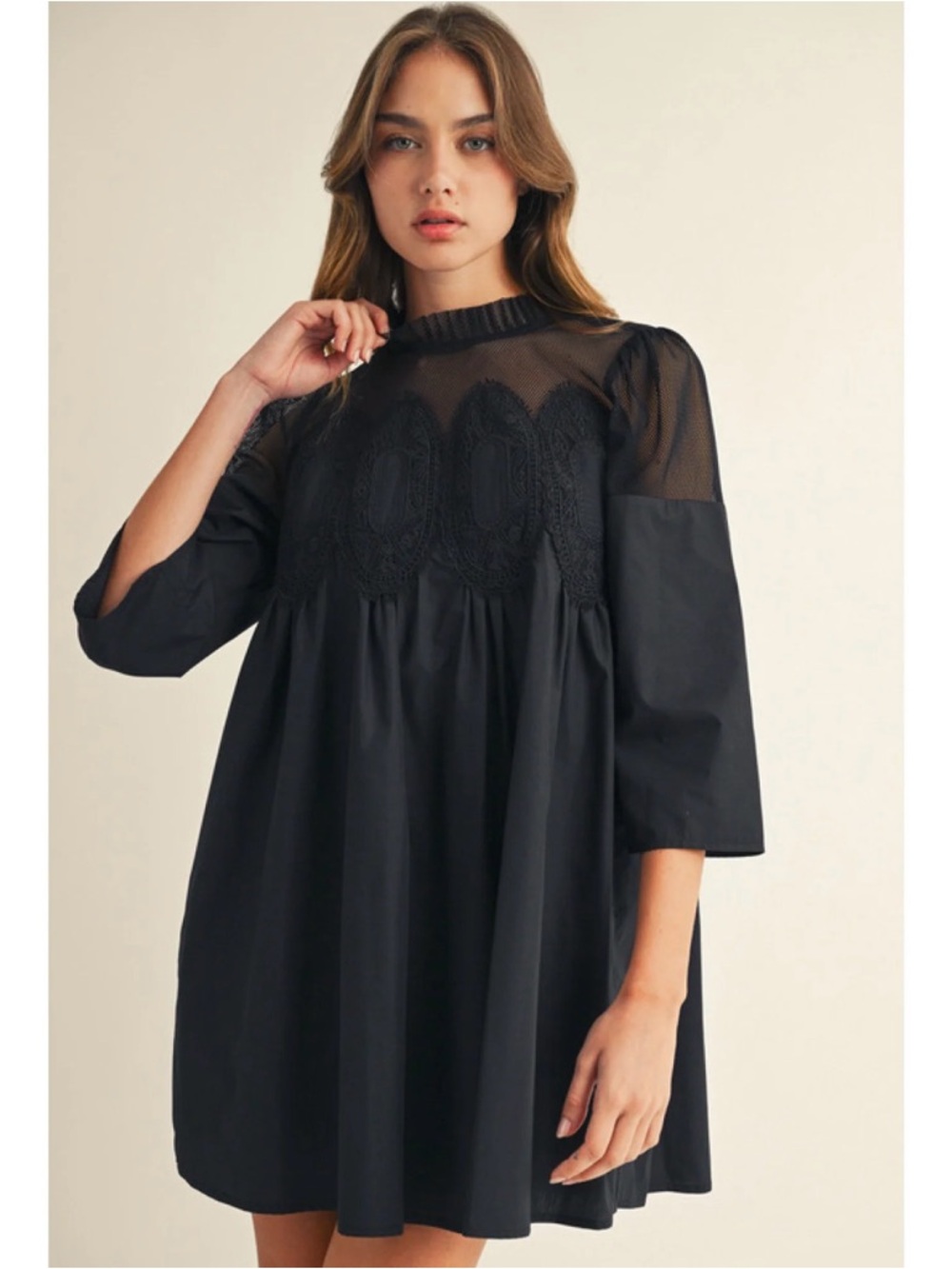 Black Lace Yoke Babydoll Dress - Women